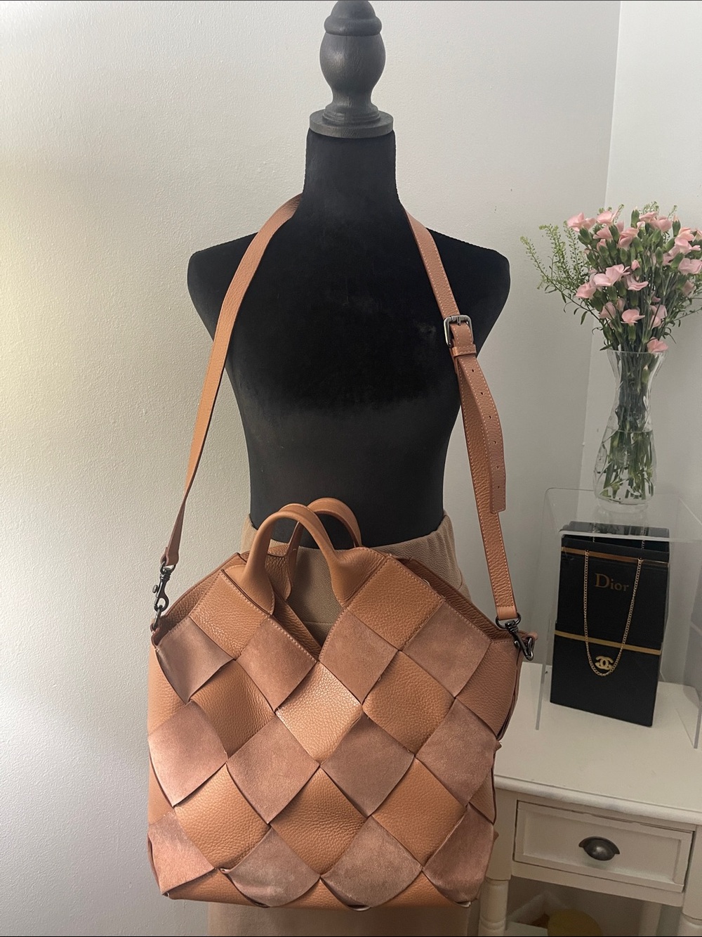 Tan Woven Leather Tote Shoulder Bag